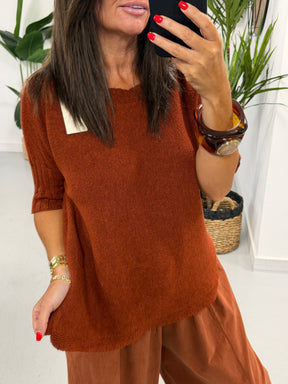 Crop Sleeve Boat Neck Knit - Rust