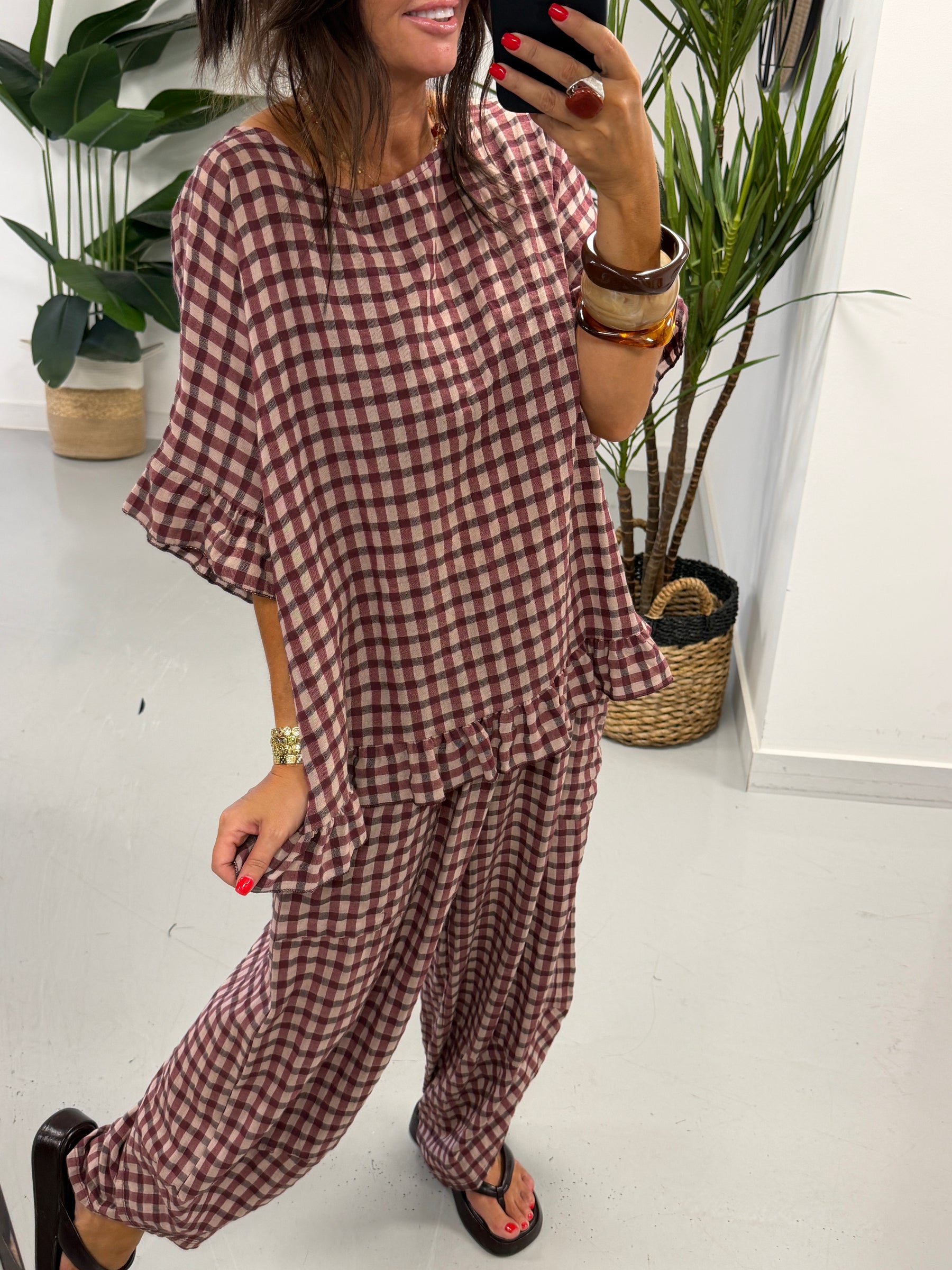 The Autumn Check Ruffle Tunic - Wine