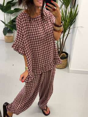 The Autumn Check Ruffle Tunic - Wine