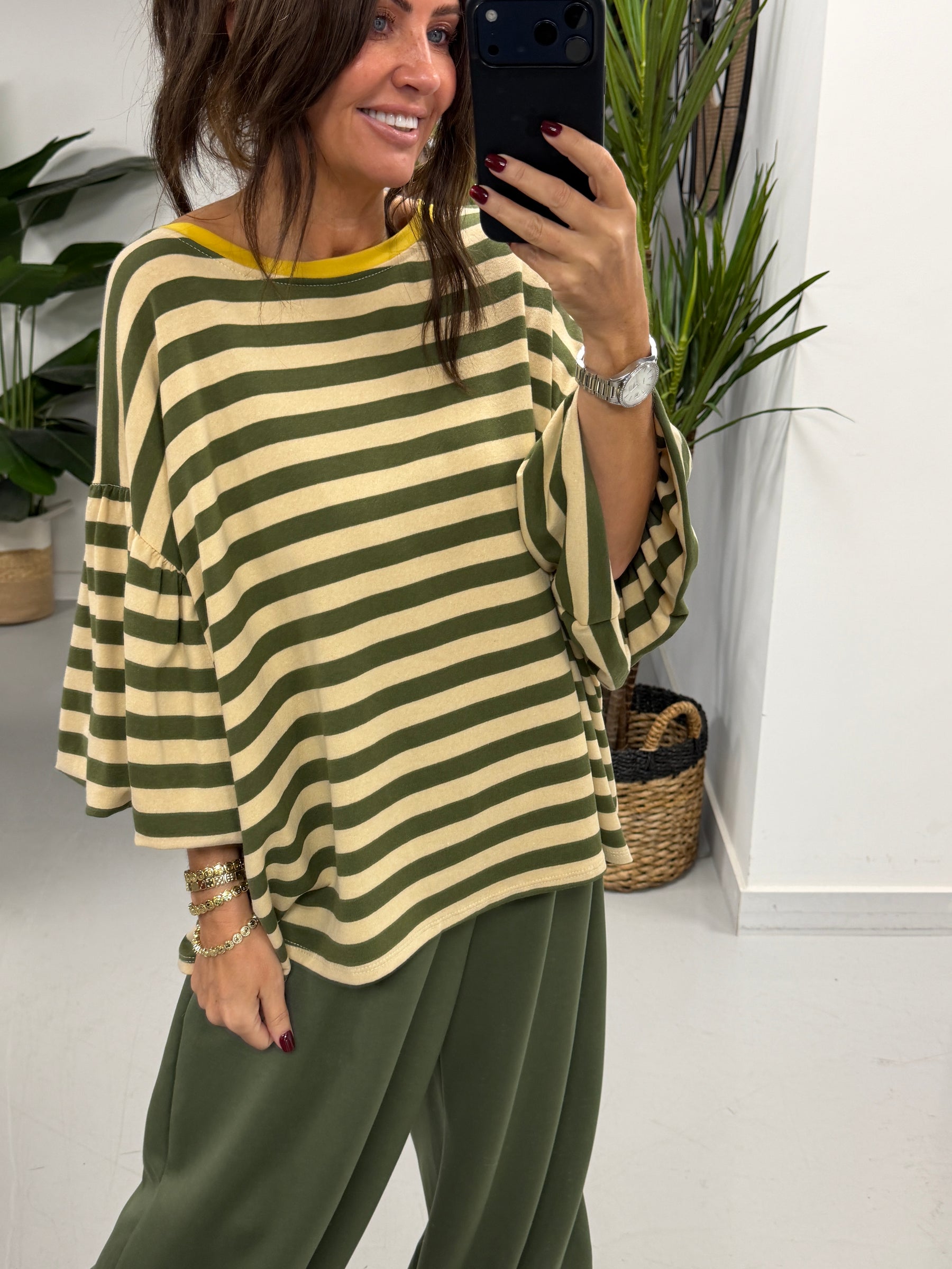 Sunset Stripe Puff Sleeve -Khaki  (Size 12-18)