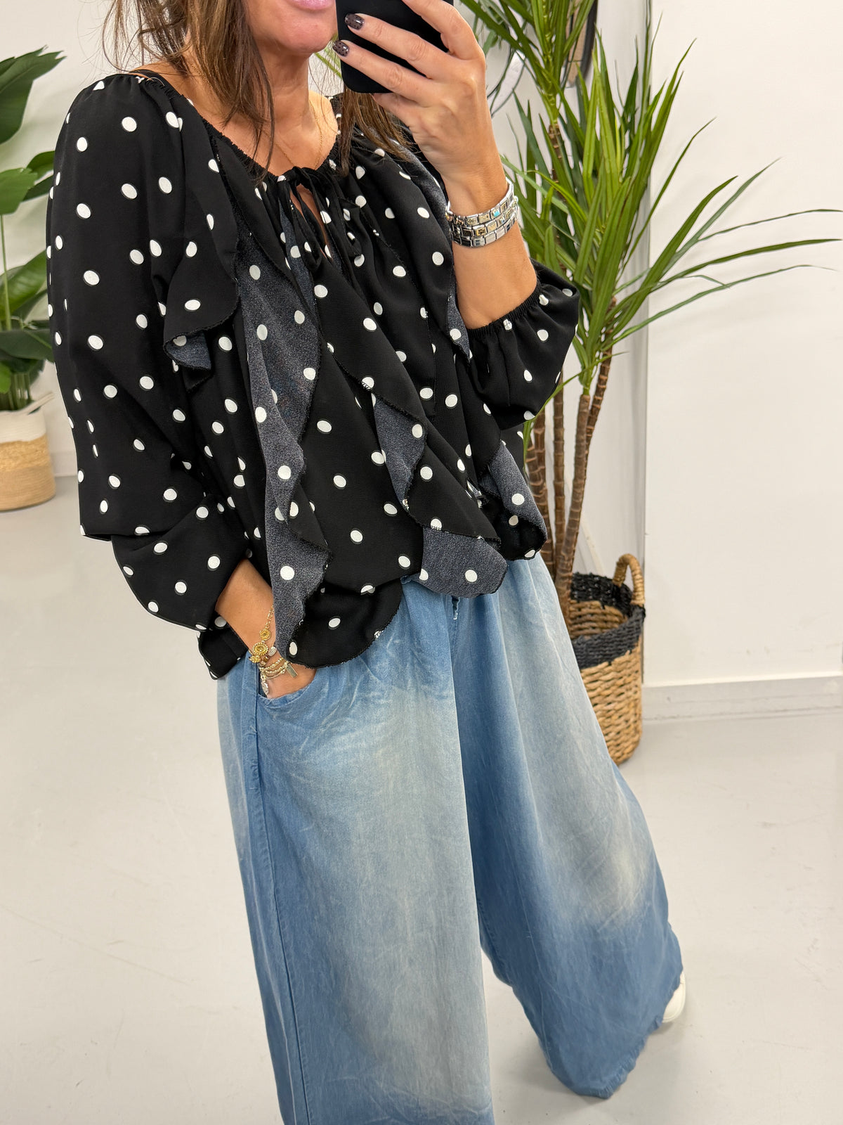 Dotty Waterfall Blouse - Black