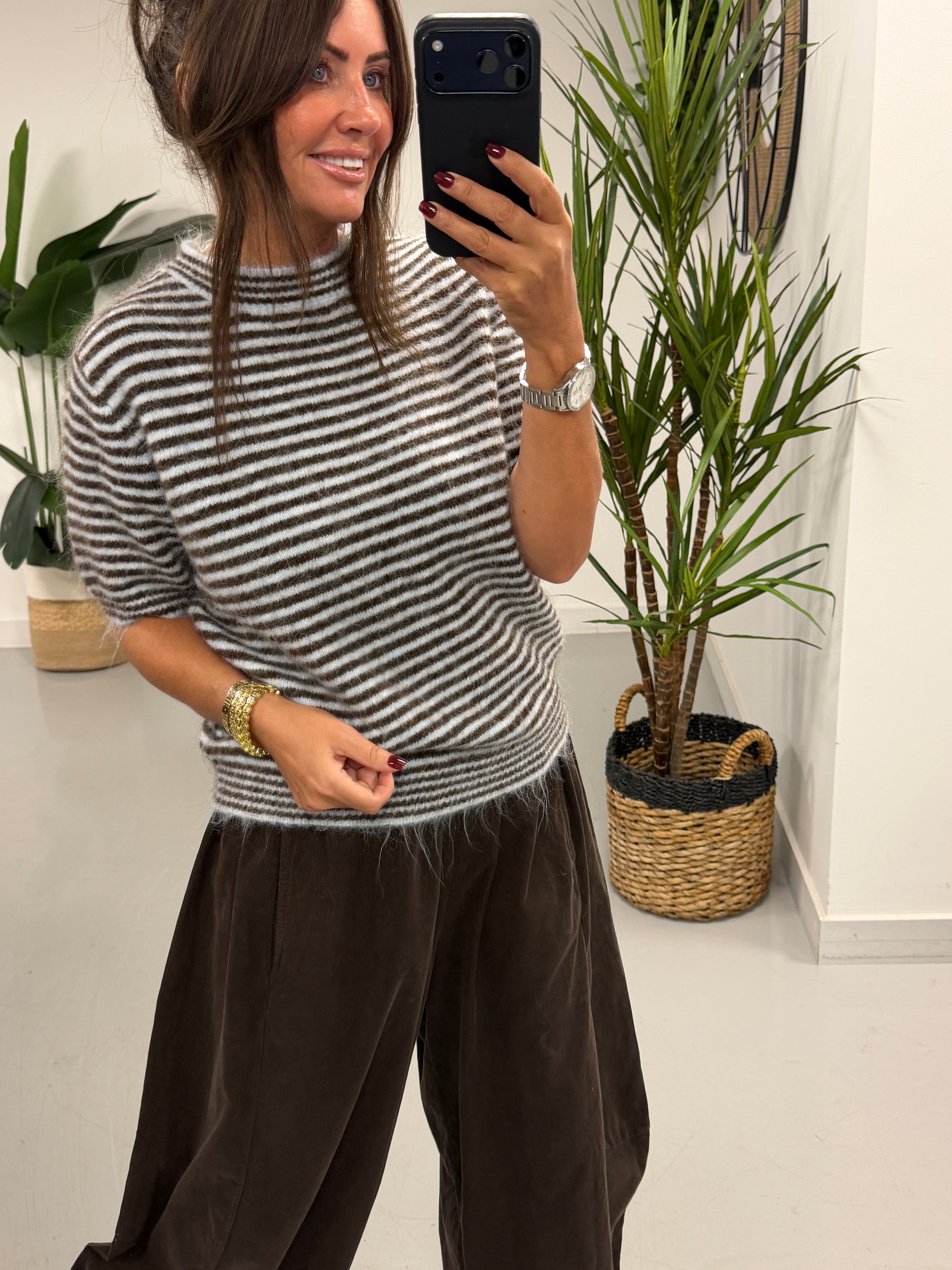 Stripe Crop Sleeve Knit  - Blue/Chocolate (Size 8-14)