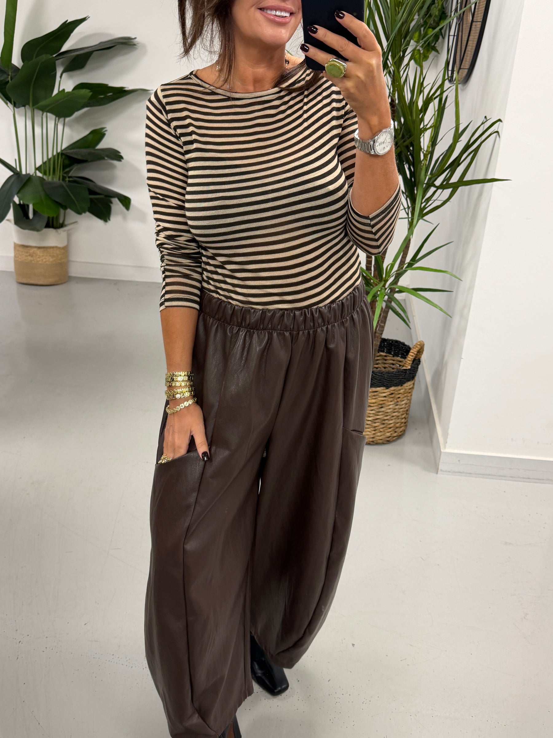 The Knightsbridge Butter Soft PU Barrel Trousers - Chocolate (Size 12-16)