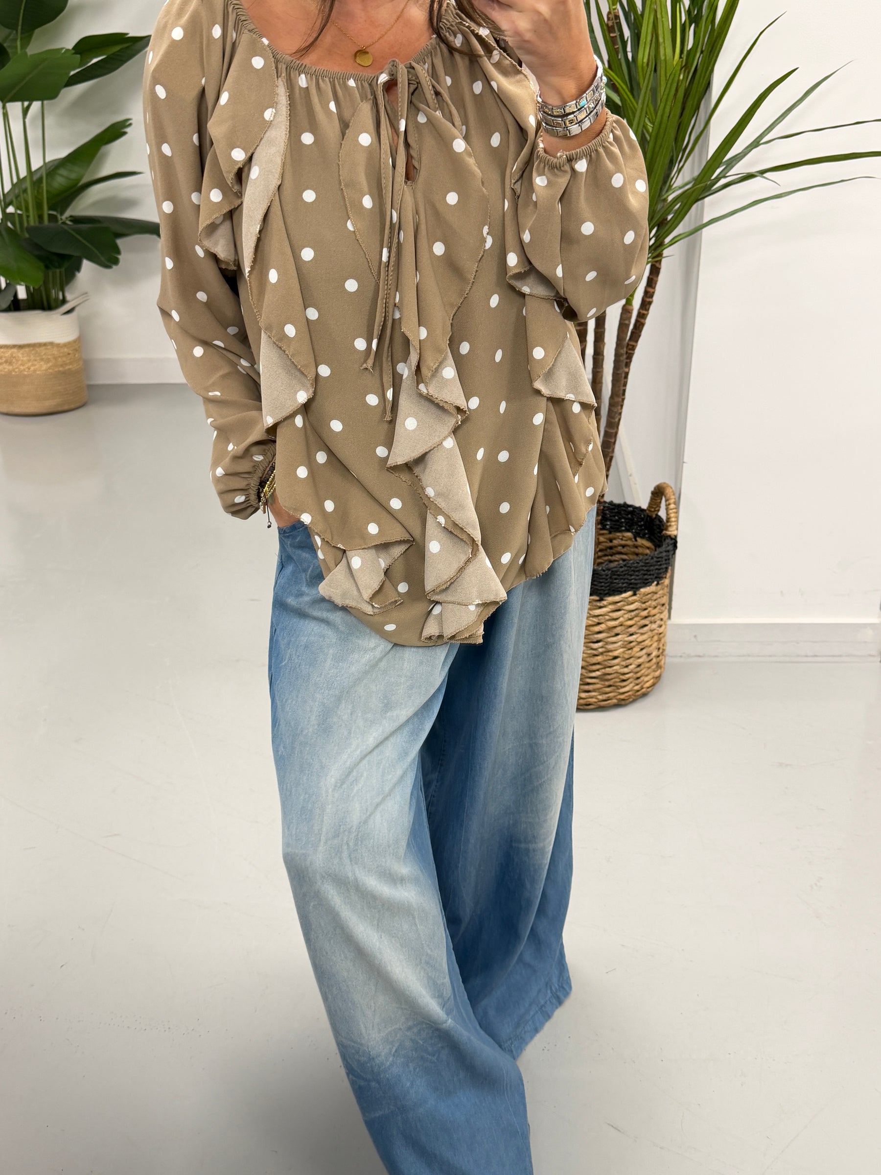 Dotty Waterfall Blouse - Mocha