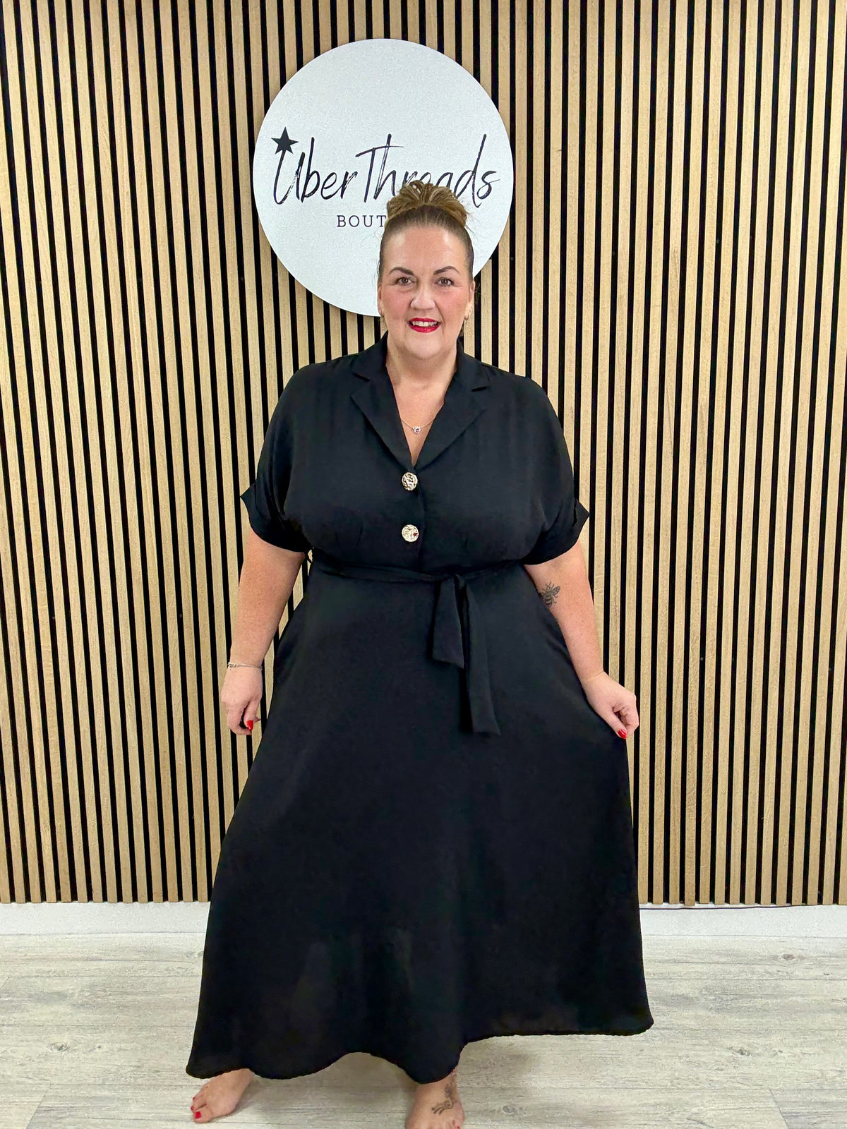 Chunky Button Belted Shirt Dress  - Black