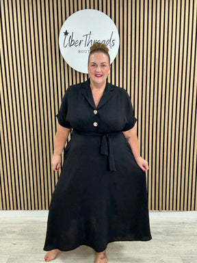 Chunky Button Belted Shirt Dress  - Black