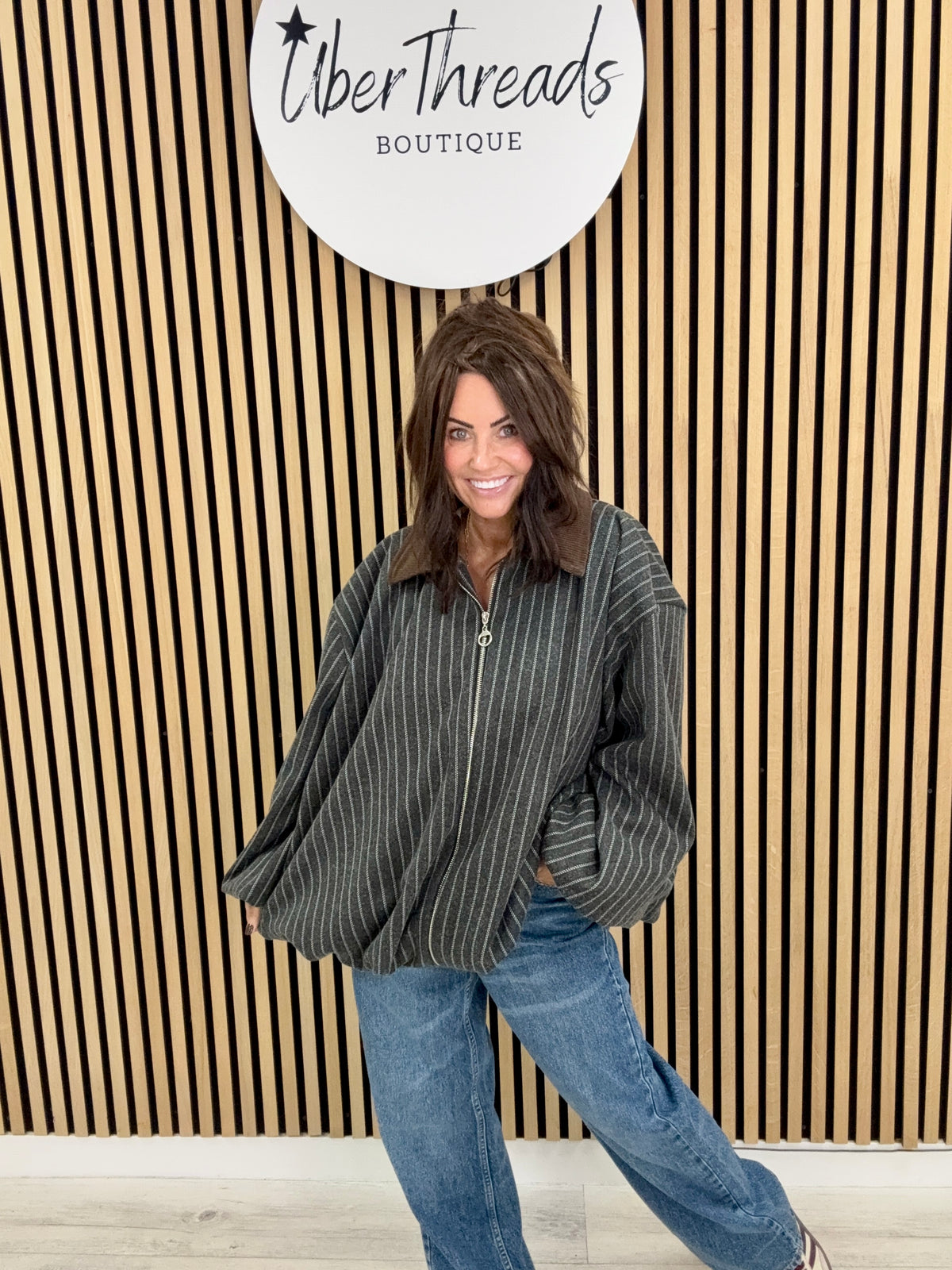 Zeta Otto Stripe And Cord Bomber - Grey