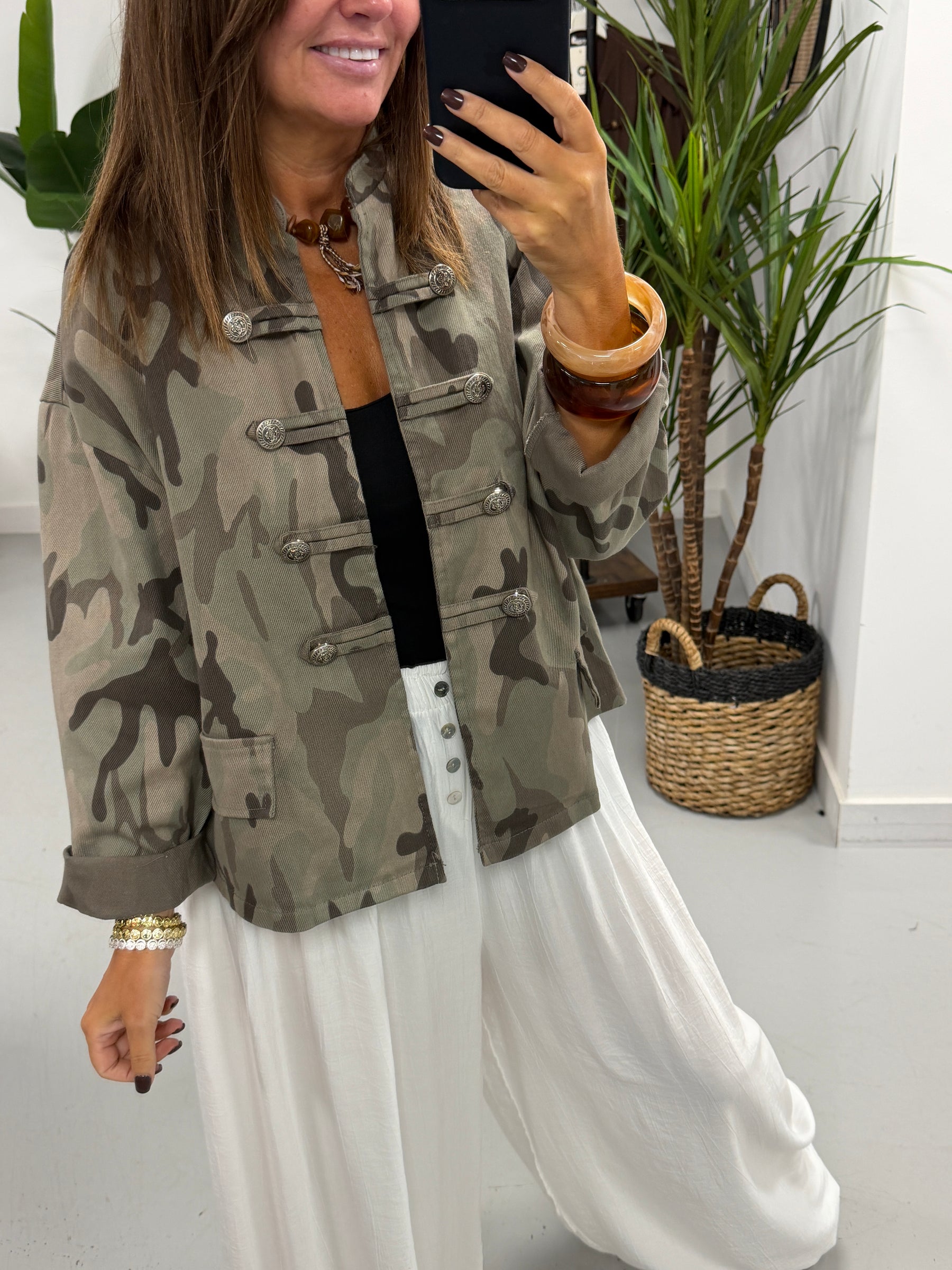 Camo Denim Military Jacket - Light Khaki/Mocha