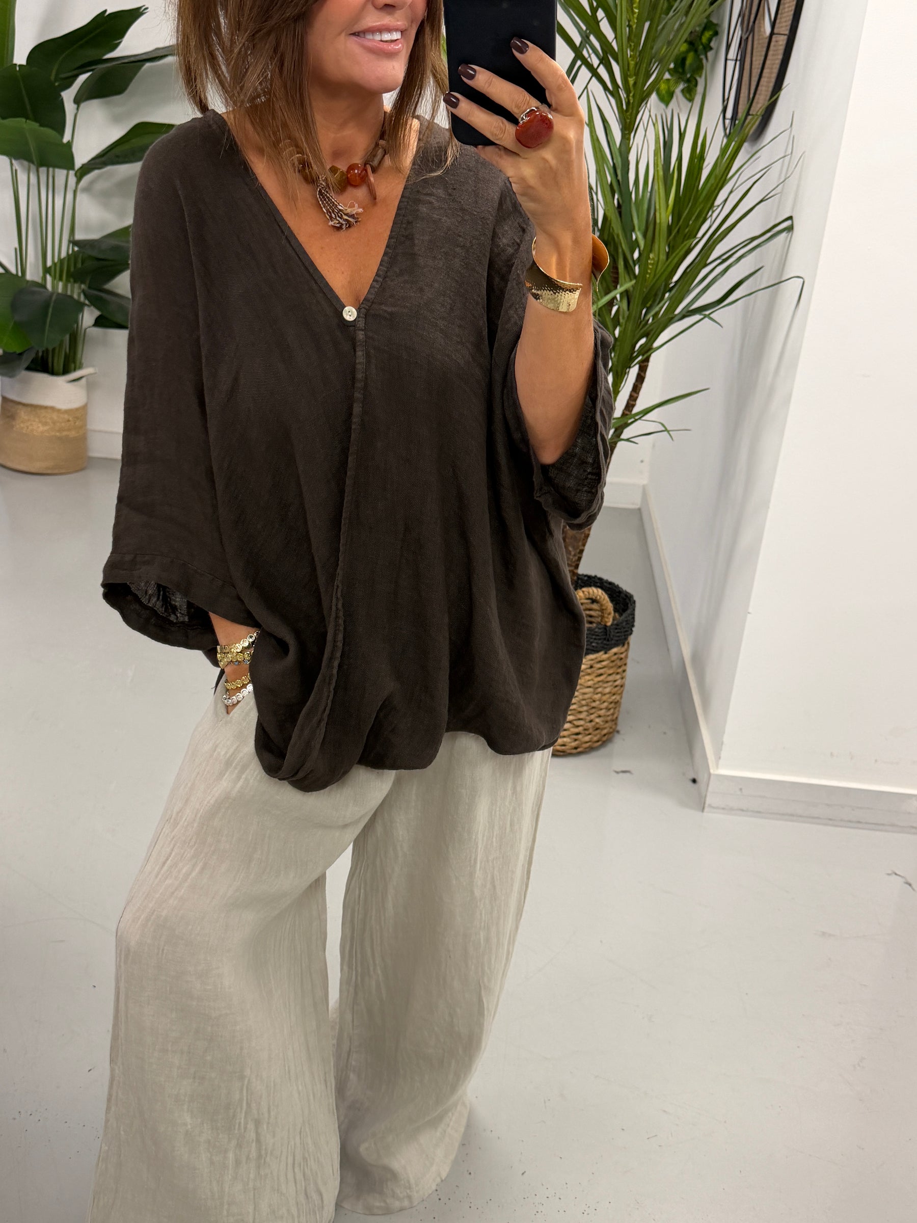 The Bali Linen One Button Tunic - Chocolate