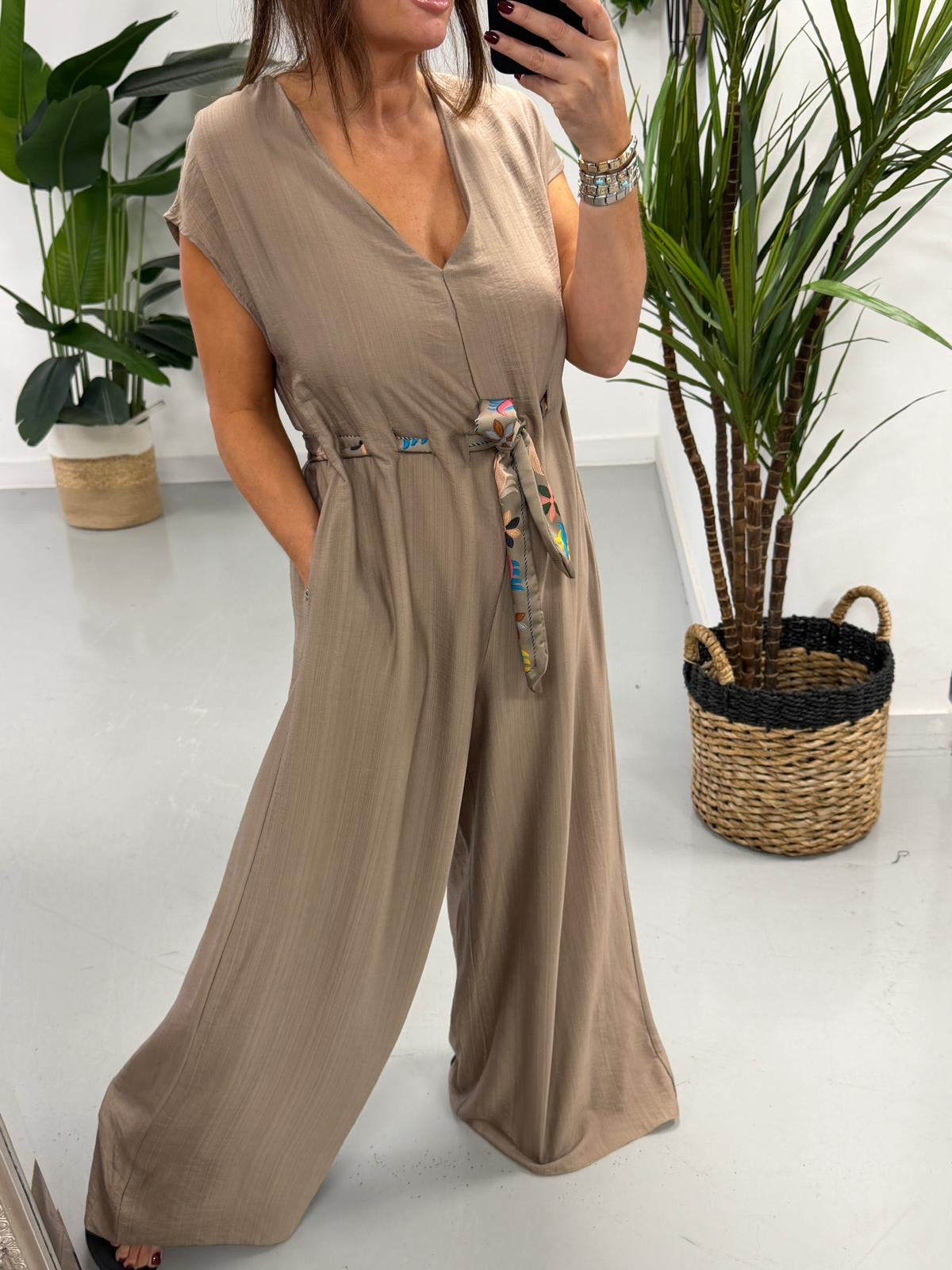 The Belted Wide Leg Jumpsuit - Pebble