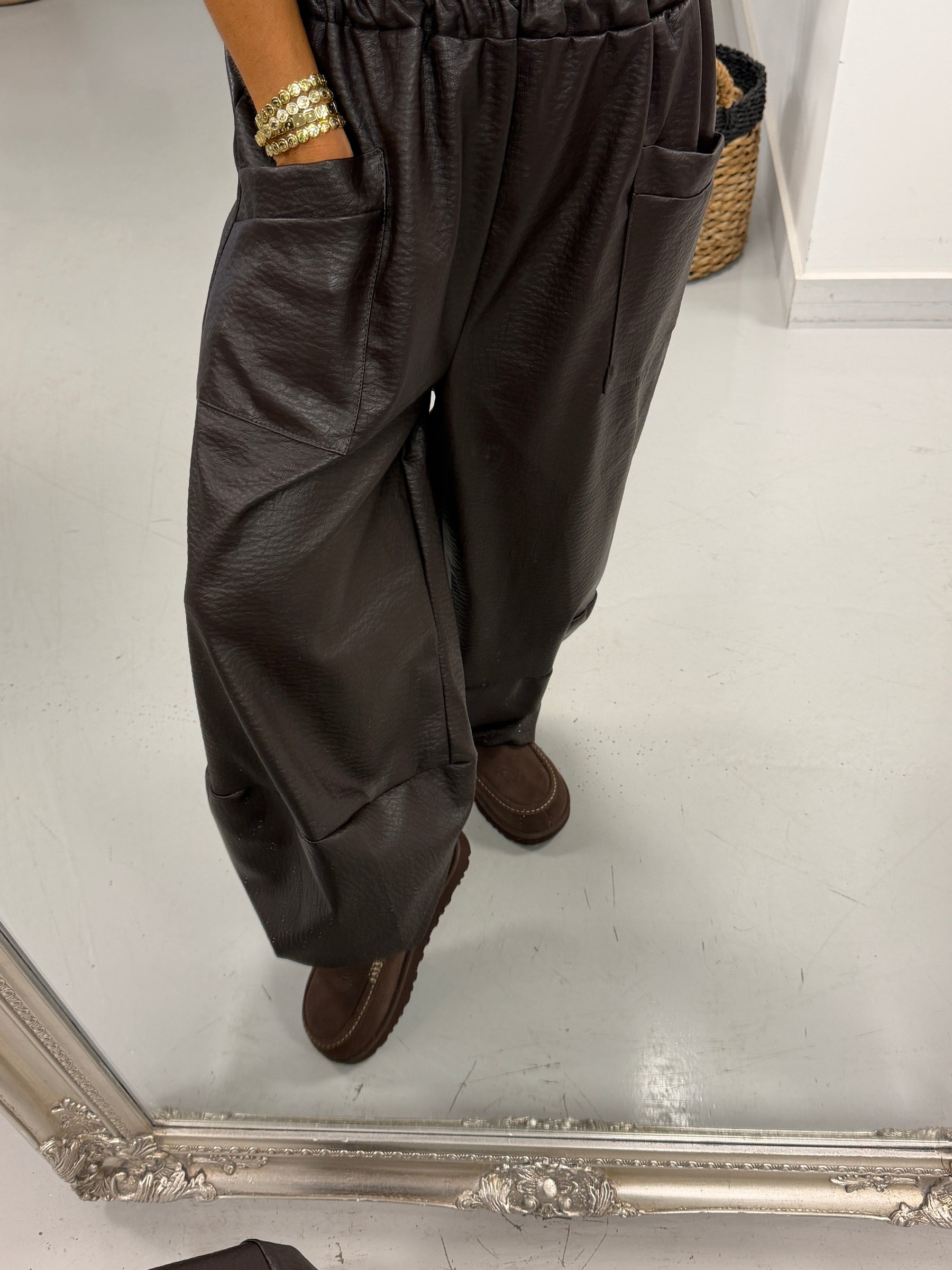 The Grained PU Tulip Trousers - Chocolate