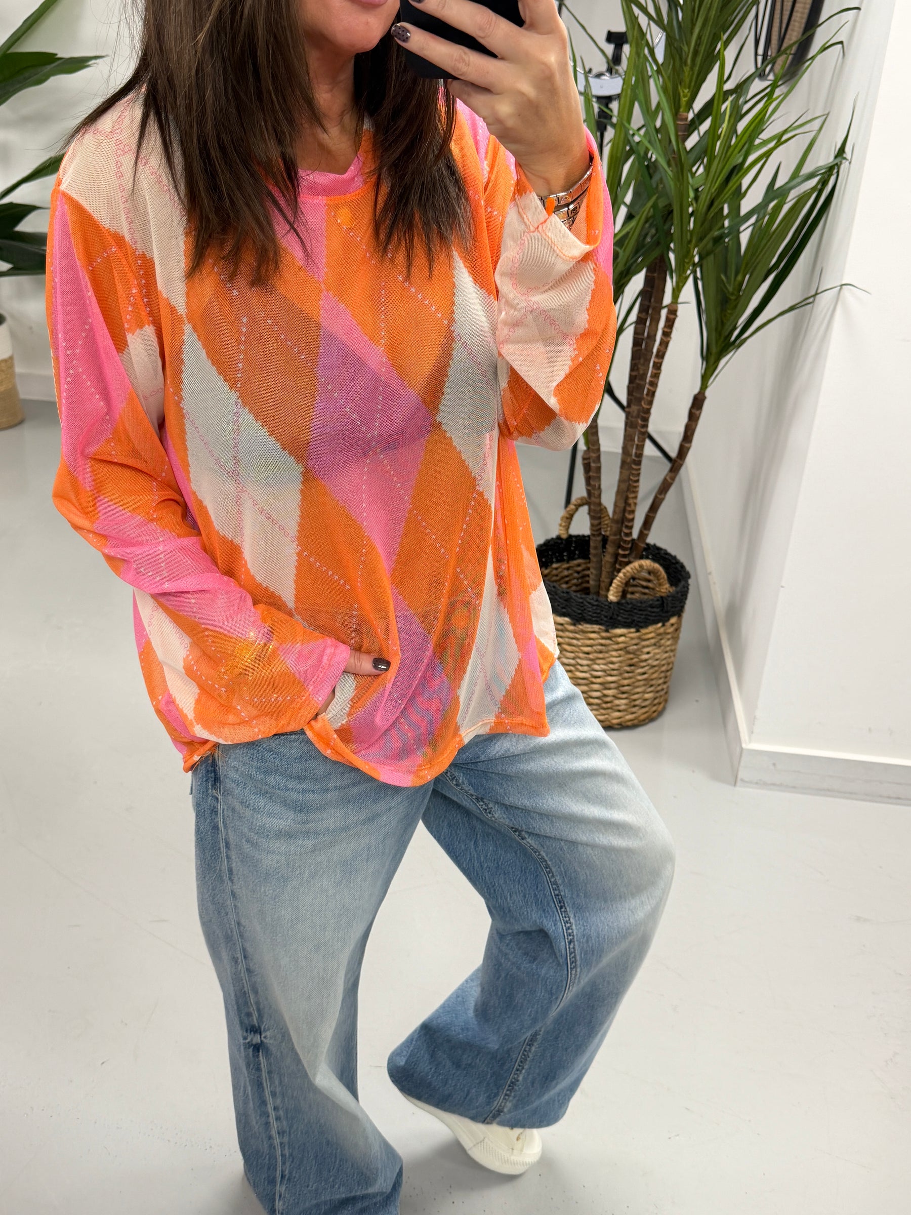 The Tartan Mesh Top - Bright Orange/Pink