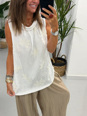Reverse Collar Embroidered Tunic - White