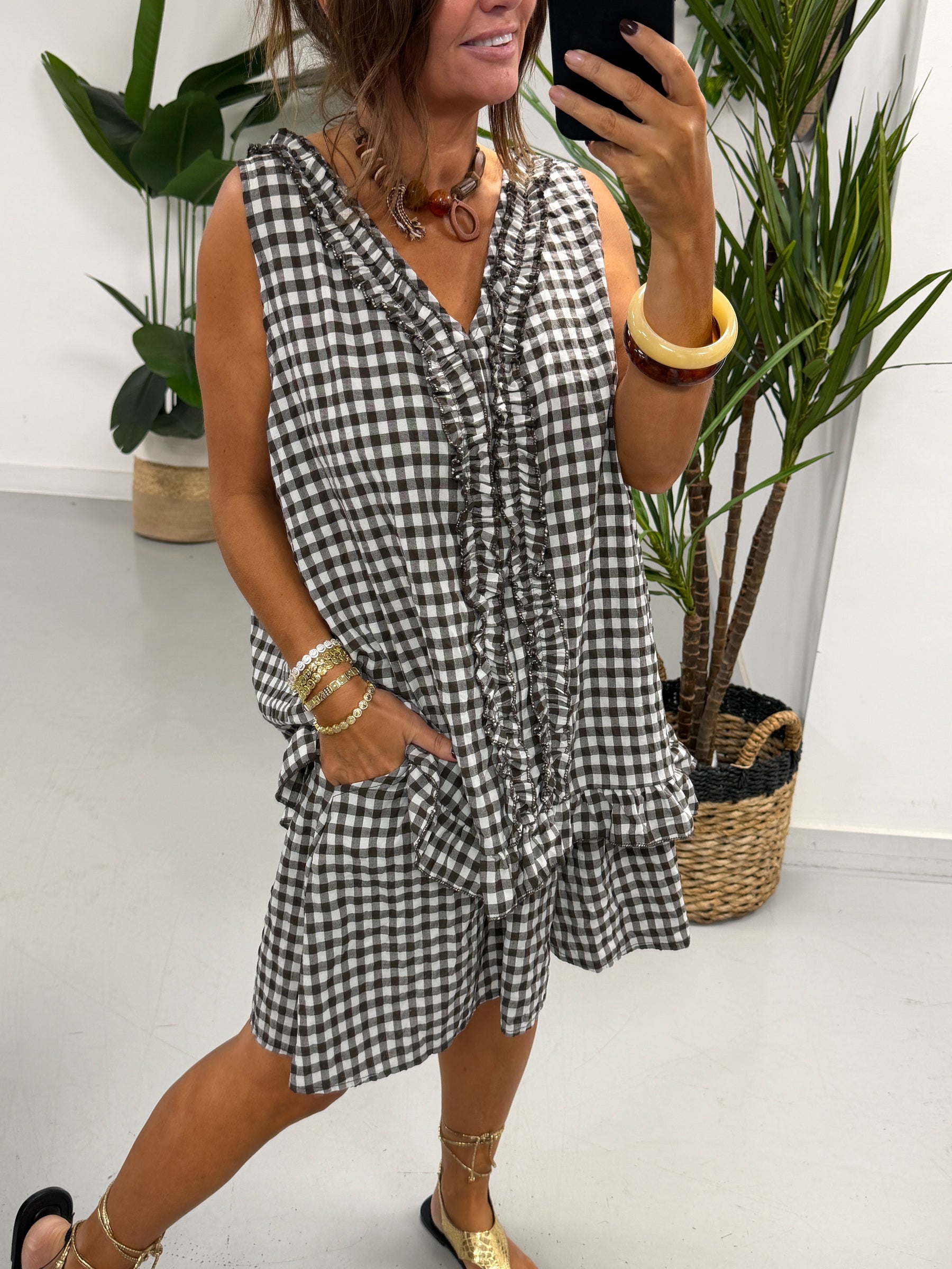 The Gingham Frill Tunic- Chocolate