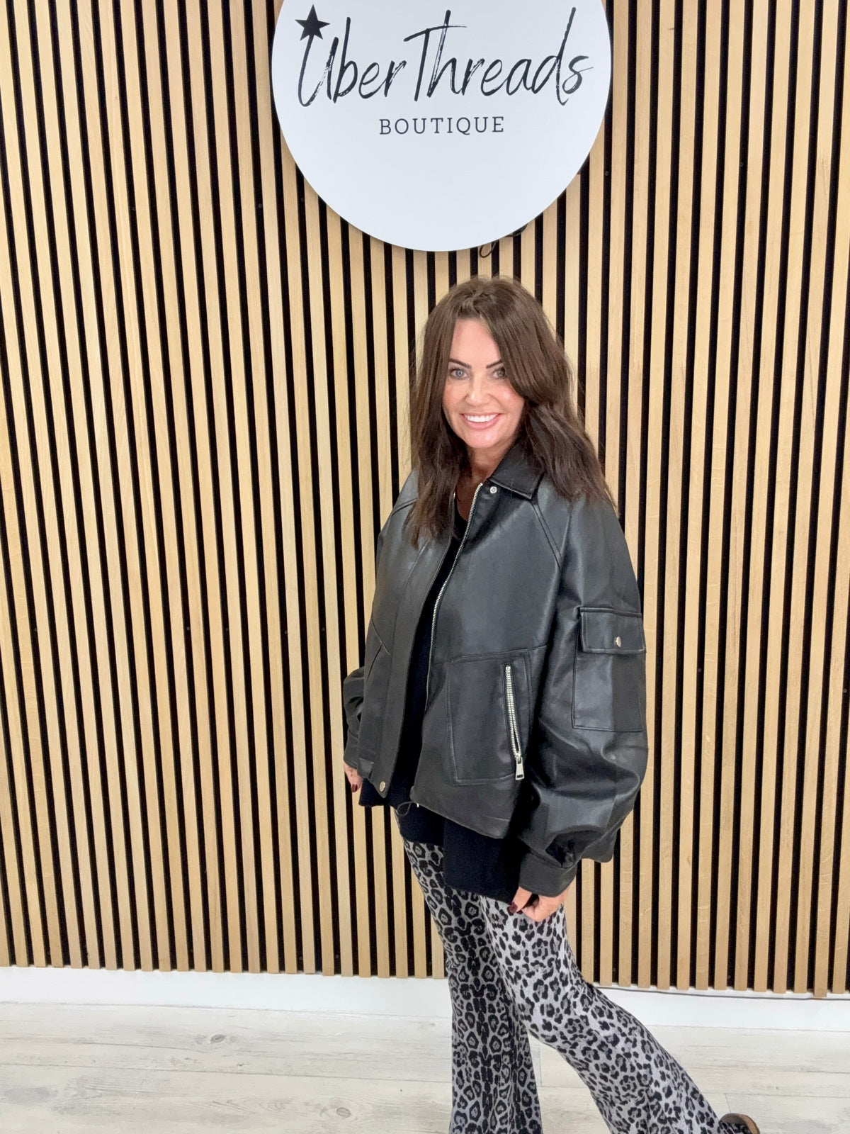 The Vegan Leather Ruched Back Bomber - Black