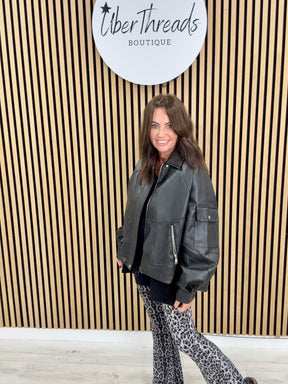 The Vegan Leather Ruched Back Bomber - Black