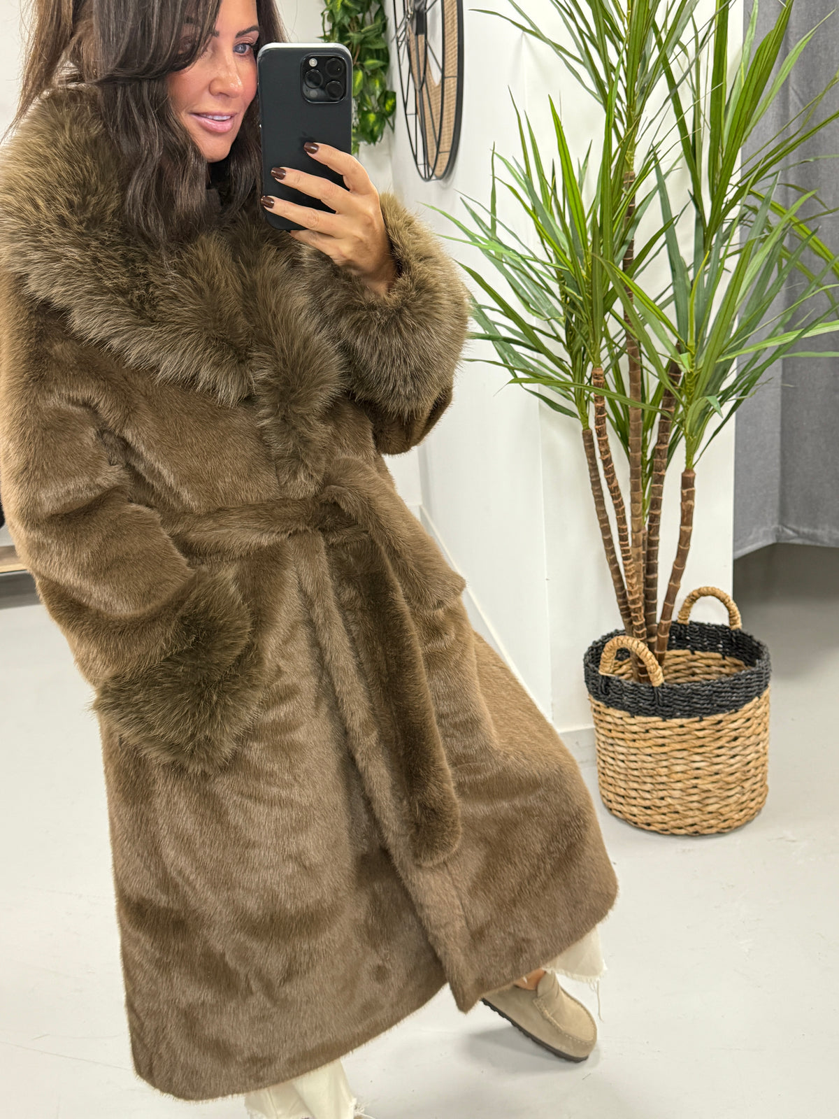 The Luxe Belted Faux Fur Wrap Coat - Chocolate