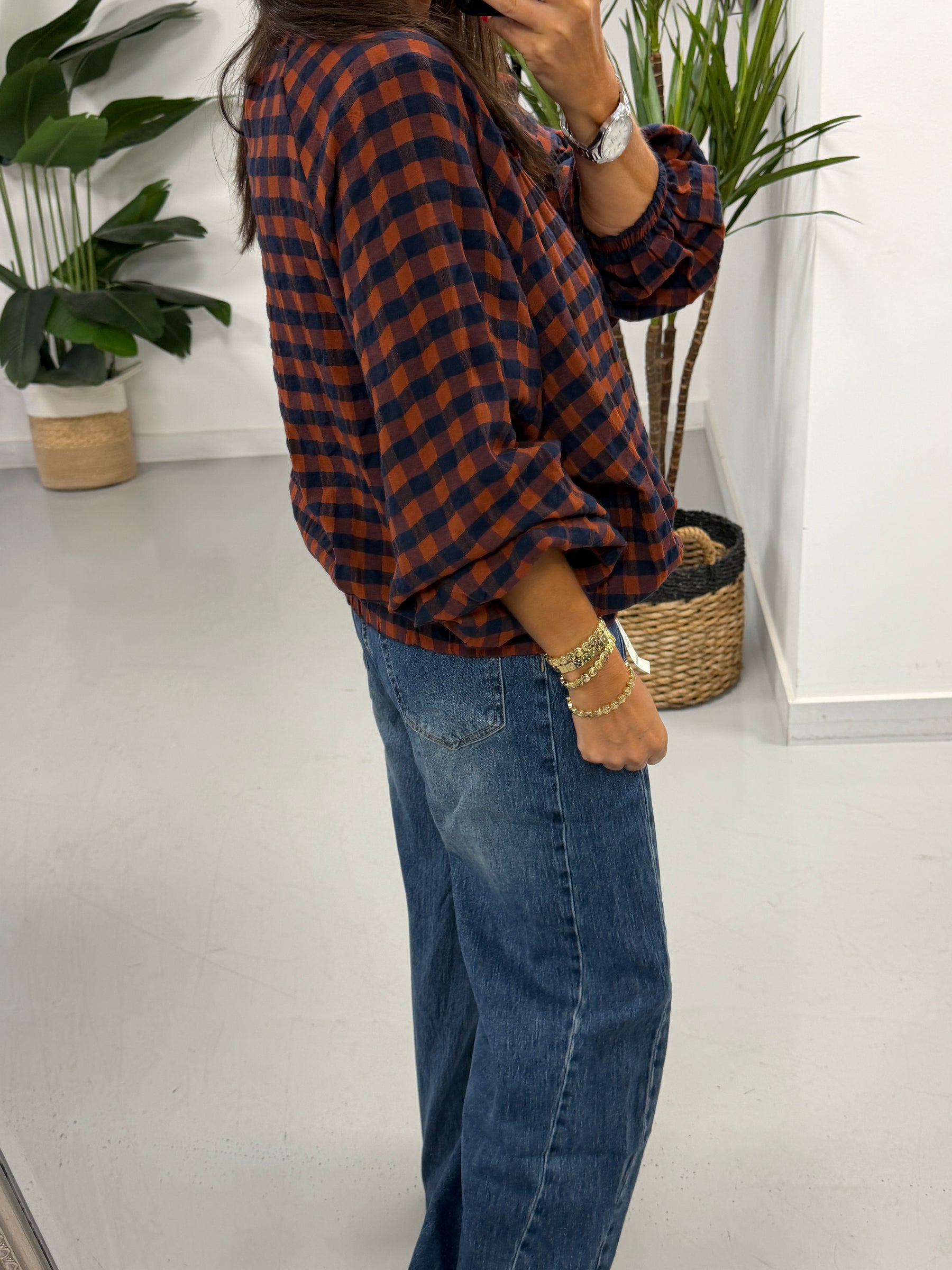 Autumn Check Button Up Bomber - Rust/Navy