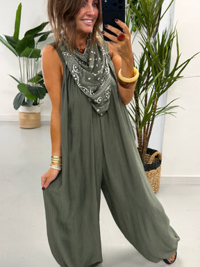 Bandana Scarf Crinkle Jumpsuit - Khaki