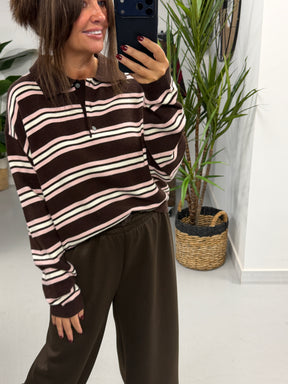The Button Up Knit - Chocolate/Cream/Pink  (Size 10/12-14/16)