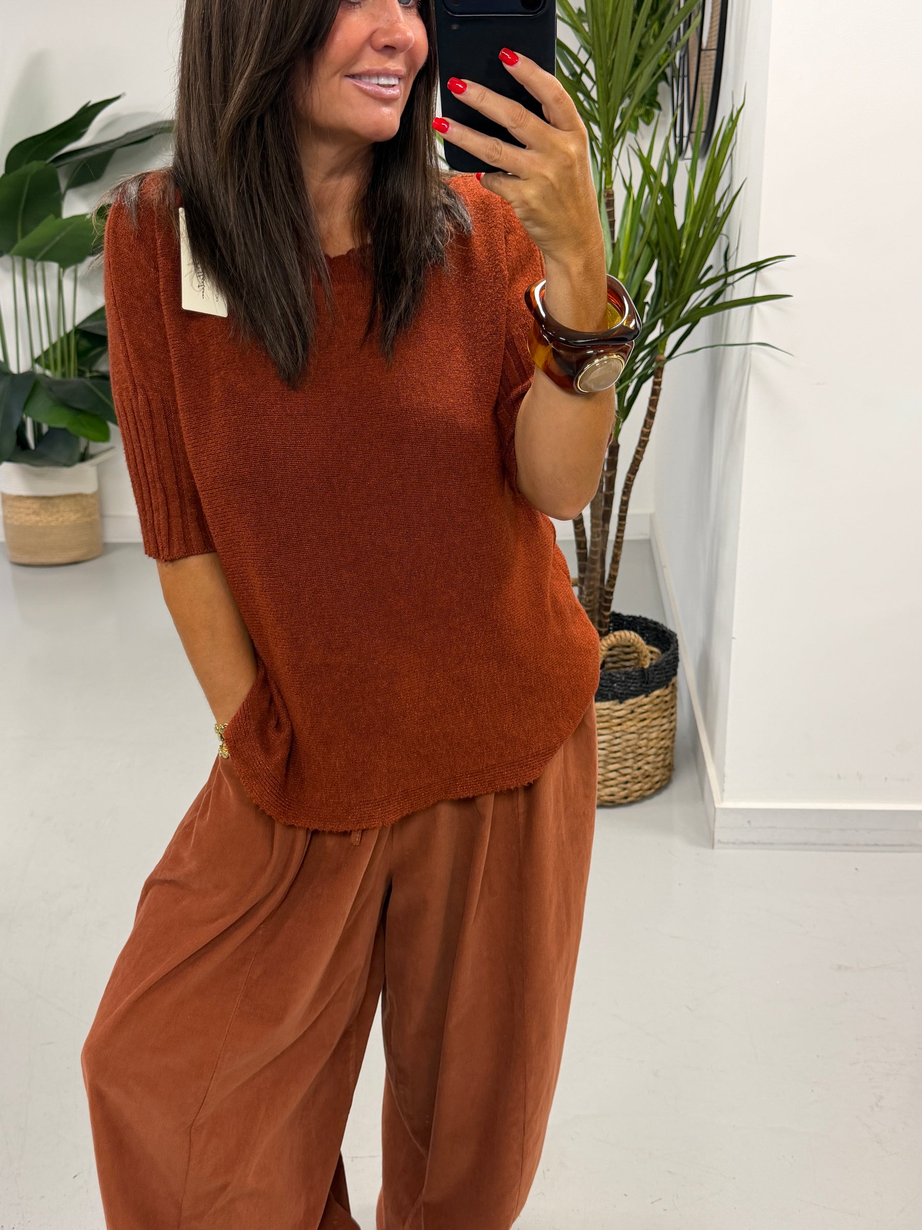 Crop Sleeve Boat Neck Knit - Rust