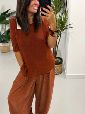 Crop Sleeve Boat Neck Knit - Rust