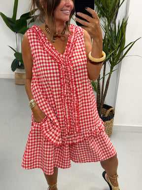 Gingham Elasticated Waist Shorts - Red