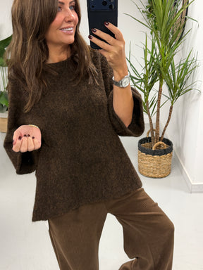 Sofia Soft Knit Crop Sleeve Knit Jumper - Chocolate (Size 10-16)