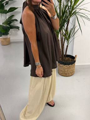 Crinkle Floaty Halter-neck Tunic - Chocolate
