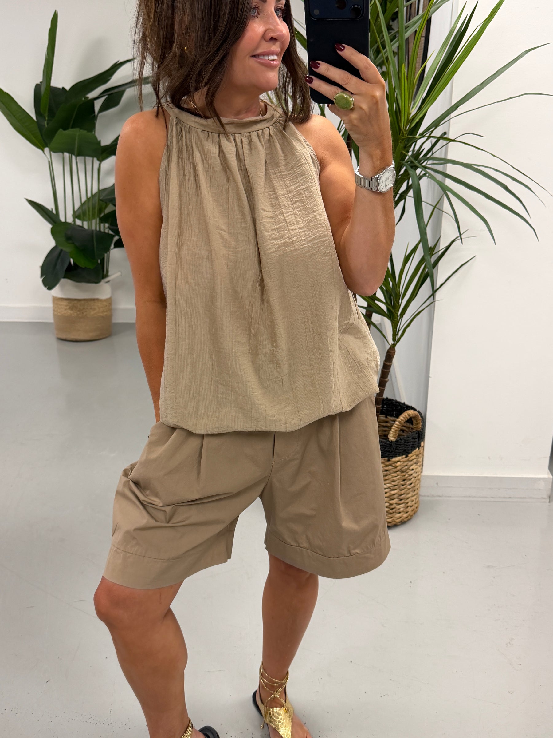 The Crinkle Halterneck Short Set - Camel