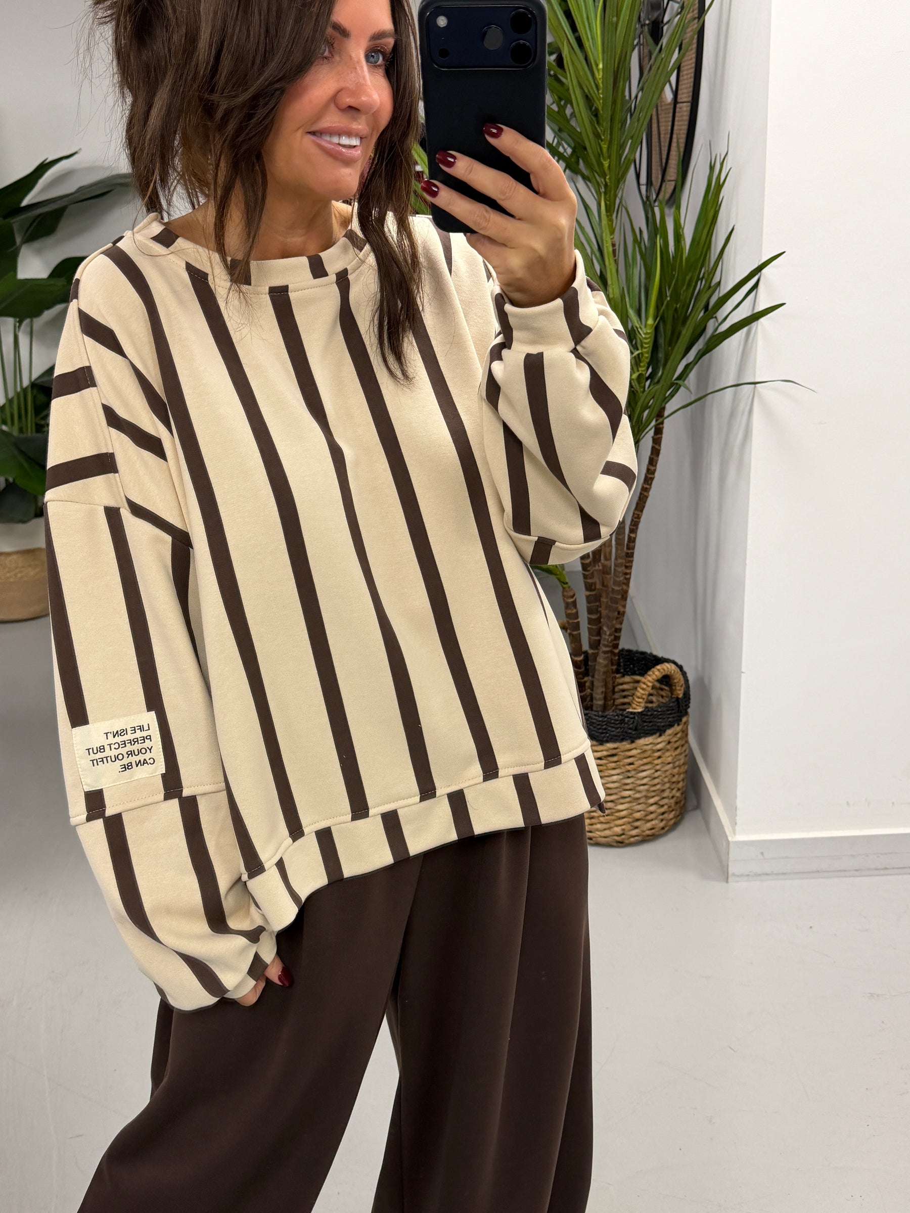 Sunset Stripe  “Life Isn’t Perfect” Sweater - Cream/Chocolate (Size 12-18)