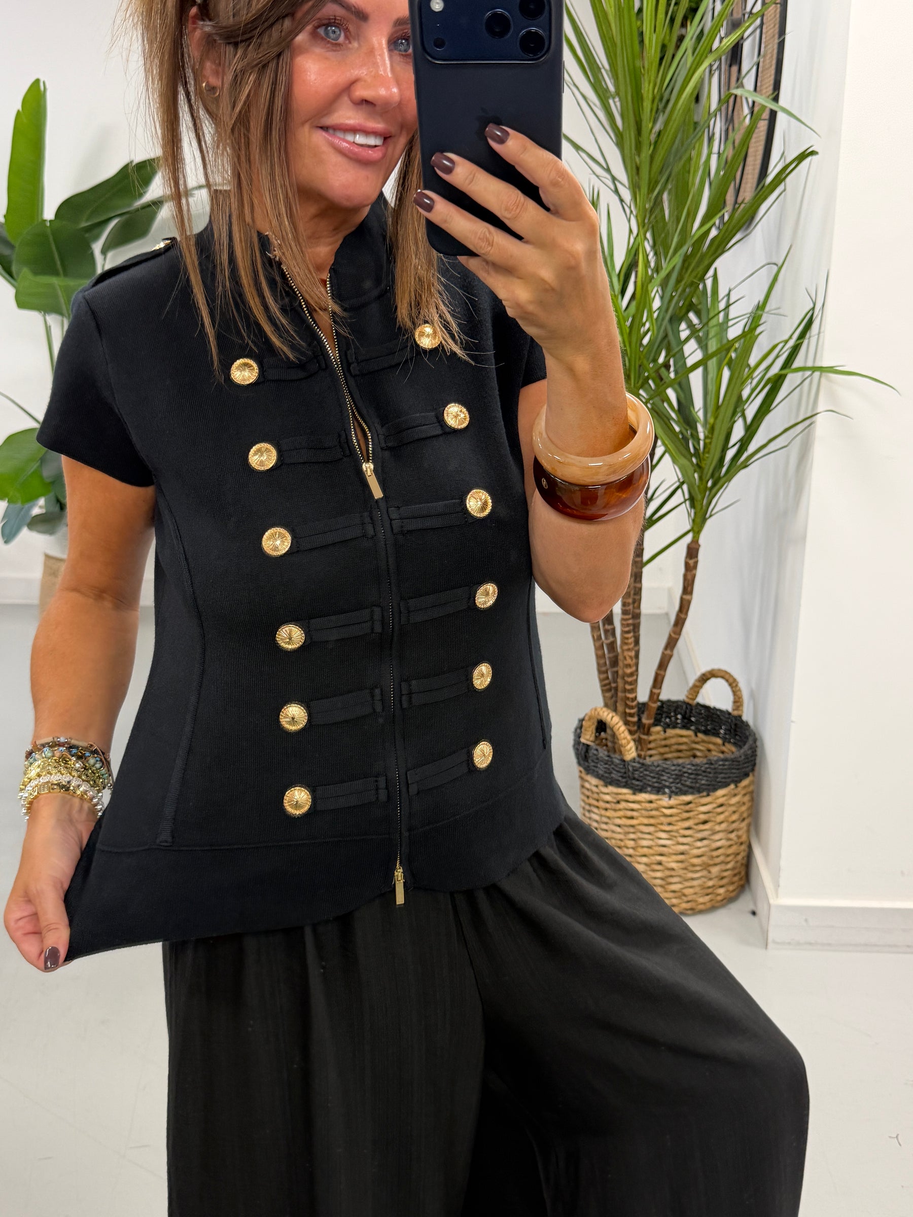 Capped Sleeve Military Waistcoat - Black