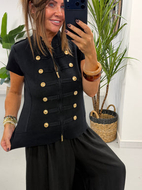 Capped Sleeve Military Waistcoat - Black