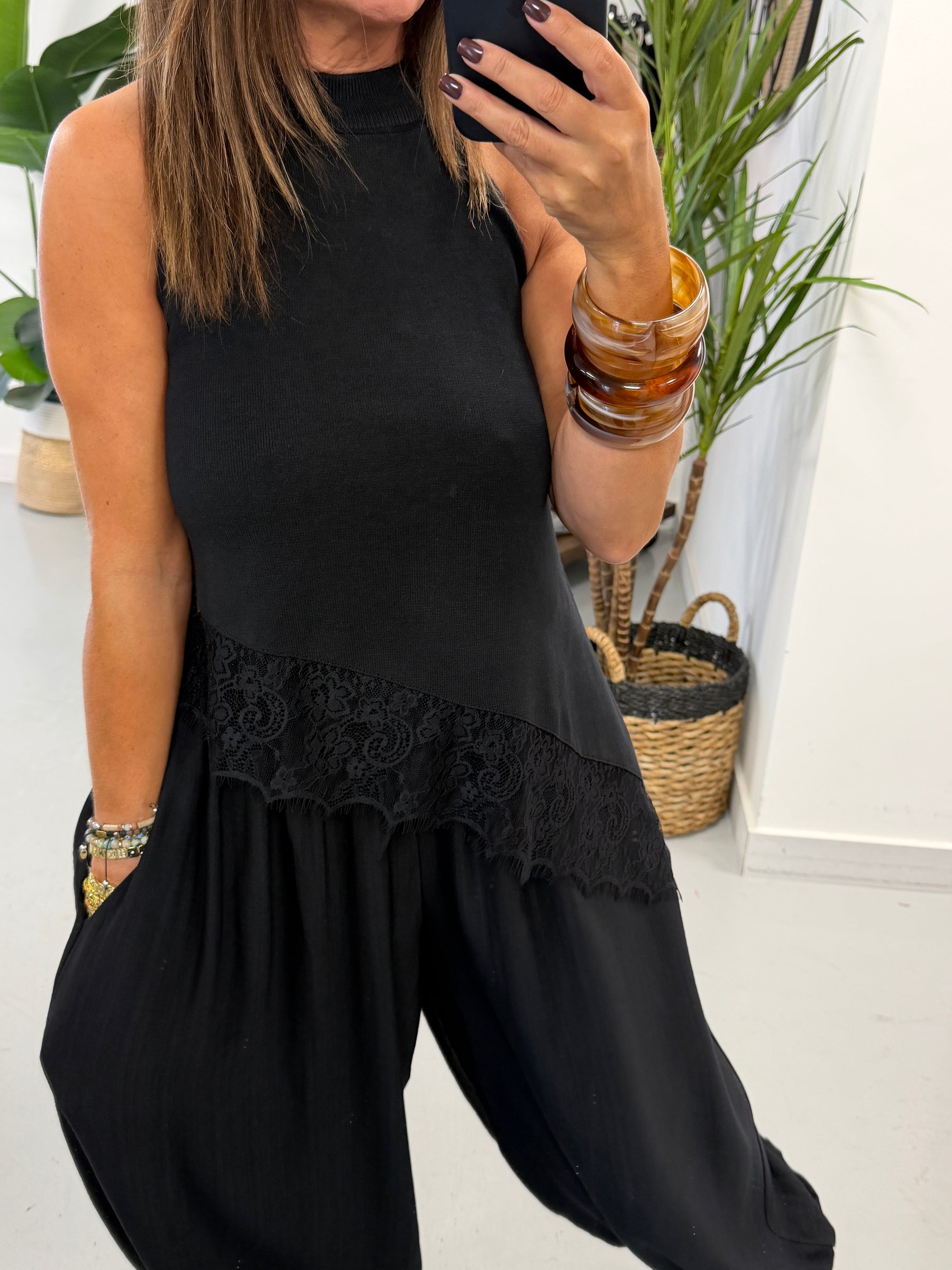 Knitted Asymmetric Lace Top  - Black