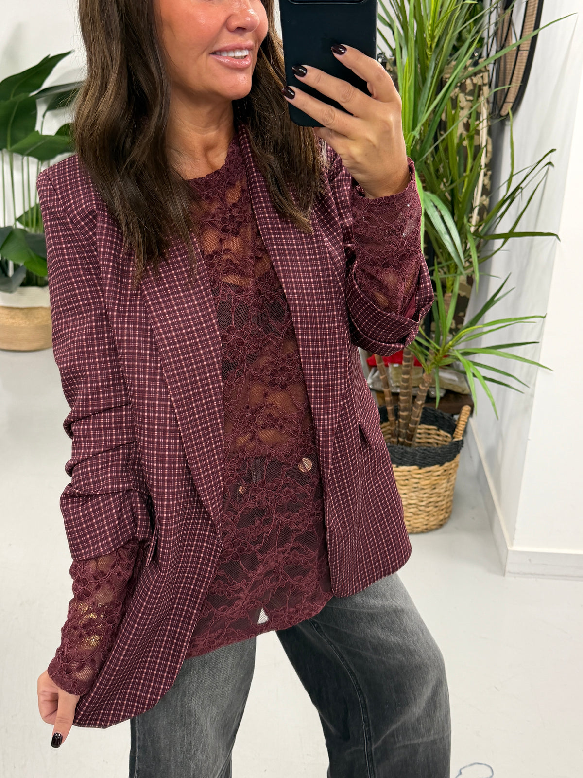 Plaid Ruched Sleeve Blazer - Wine (Plus sizes)