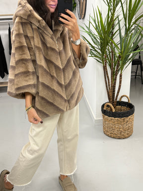 Crop Sleeve Hooded Faux Fur - Camel/Choc