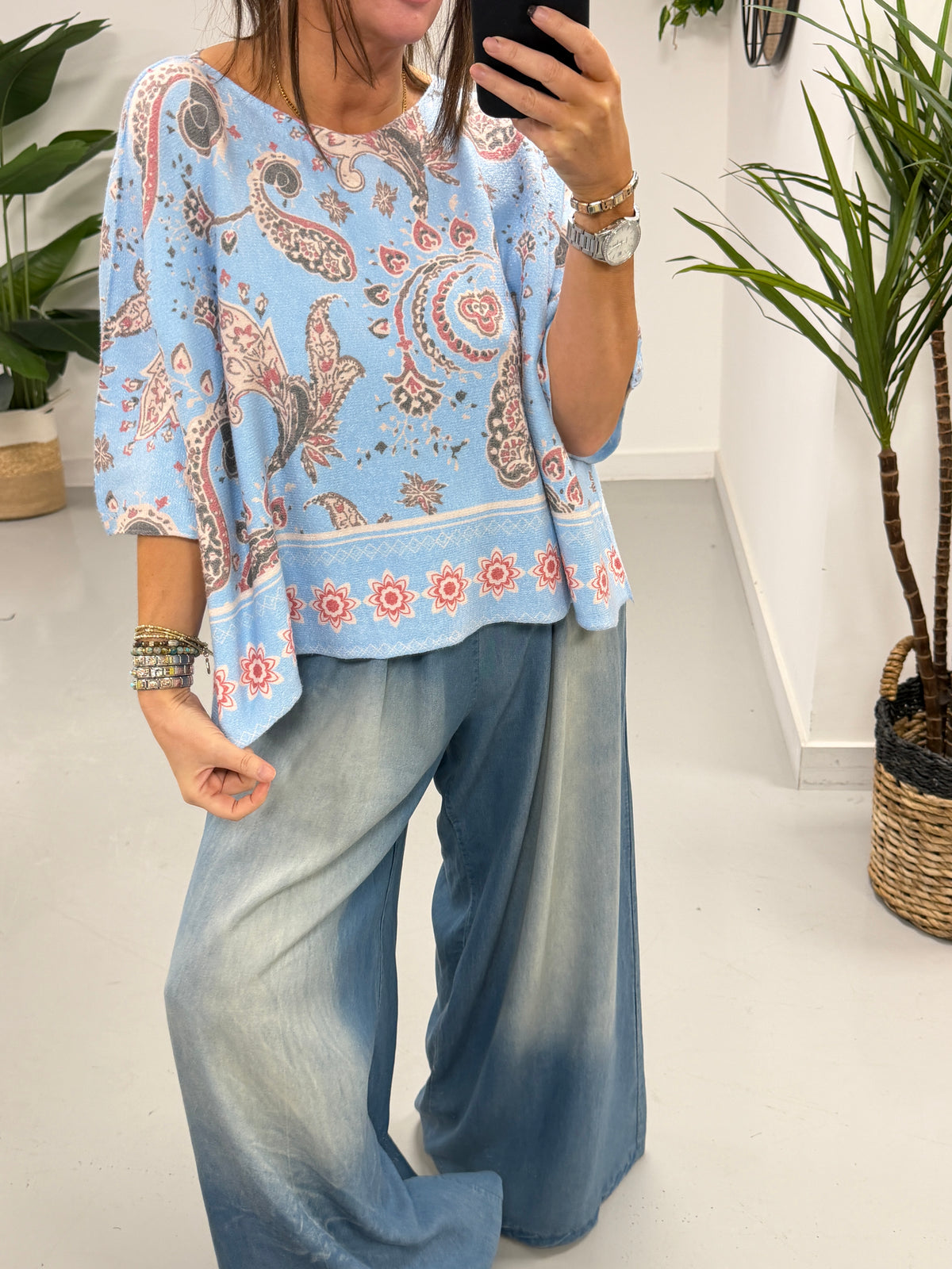 Gracie Crop Sleeve Knit - Baby Blue Paisley