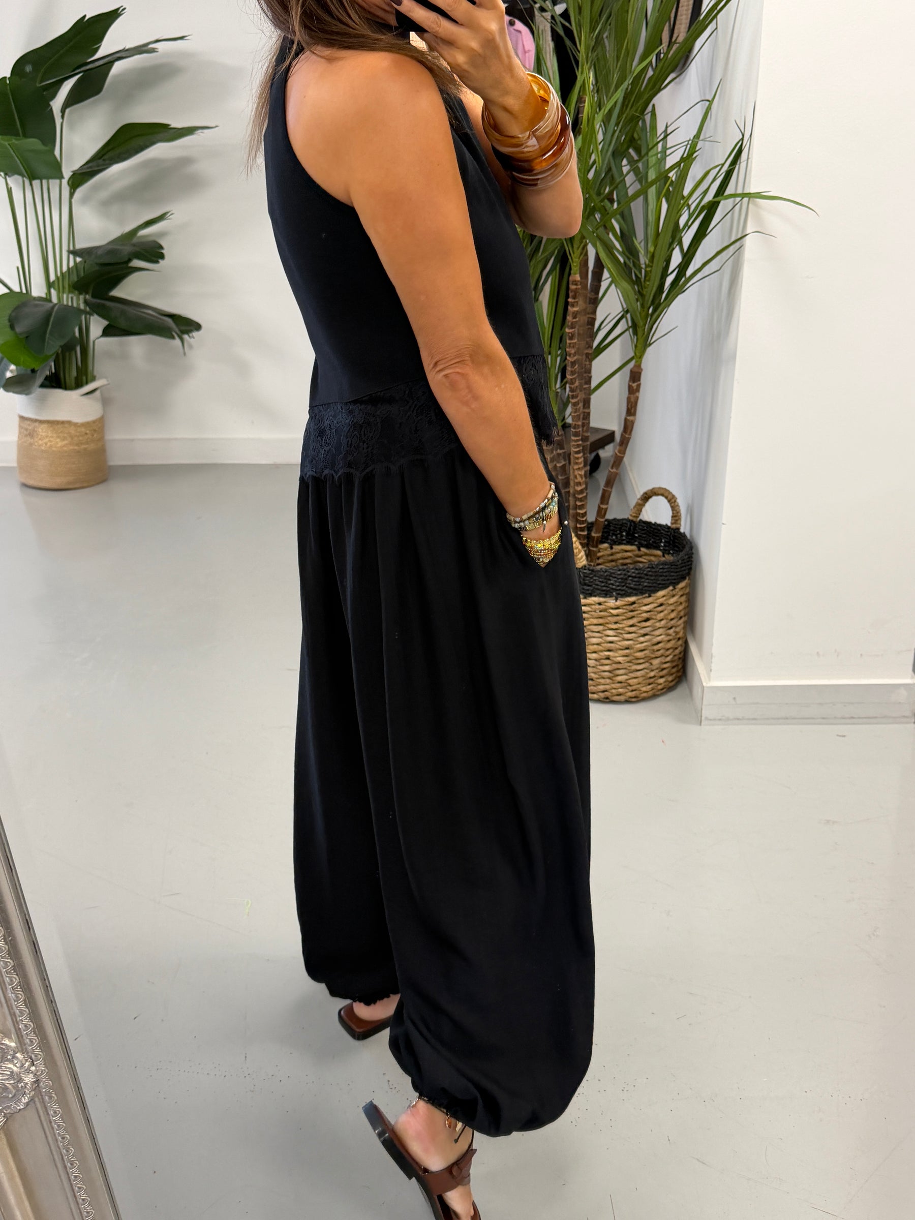 Knitted Asymmetric Lace Top  - Black