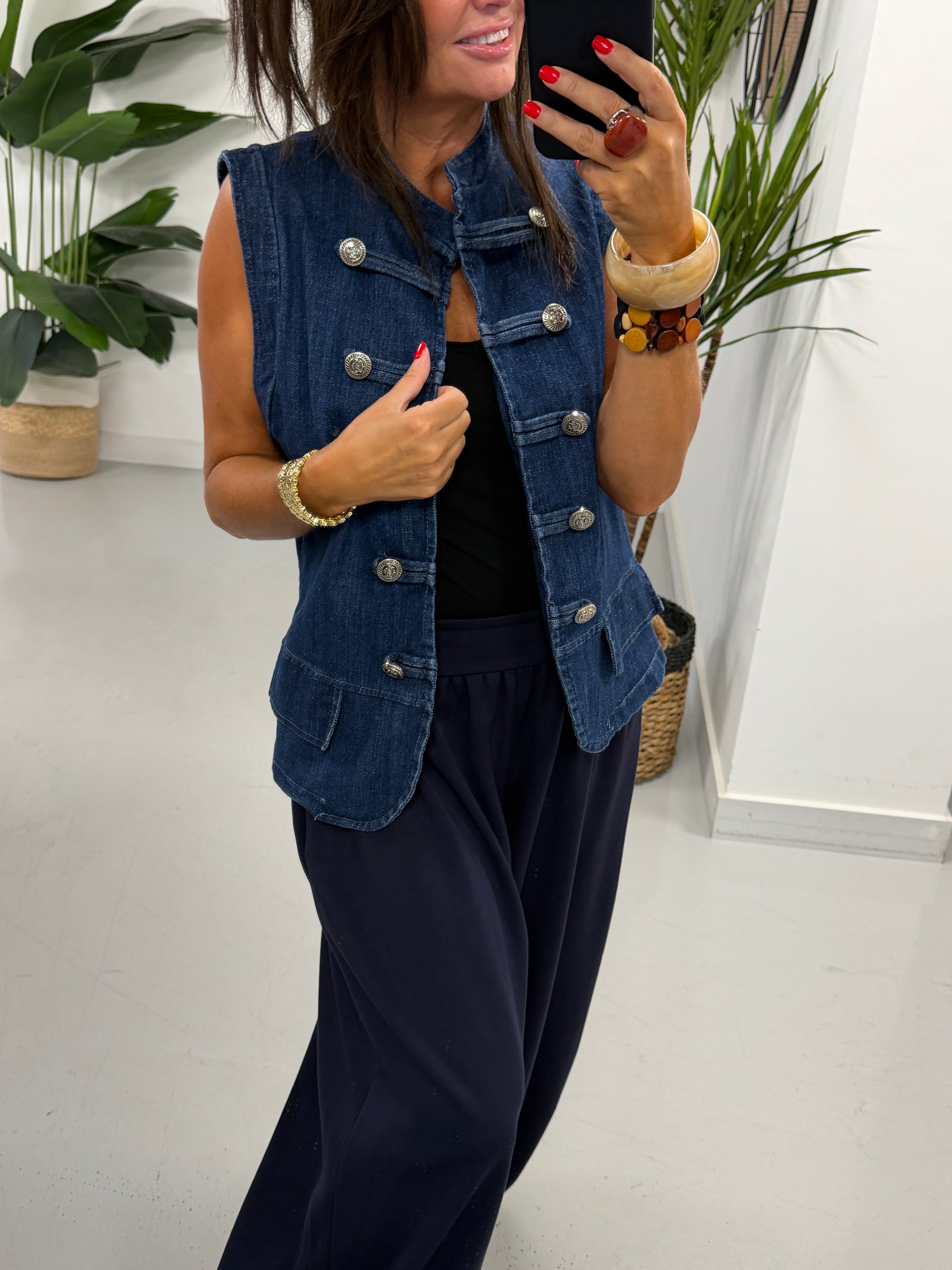Gaberdine Denim Military Waistcoat - Denim Blue