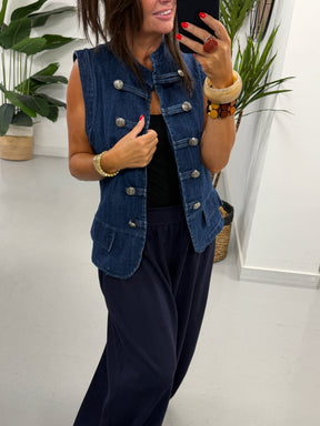 Gaberdine Denim Military Waistcoat - Denim Blue
