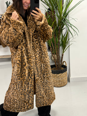 The Safron Longline Faux Fur Coat - Leopard (Size 12-14)