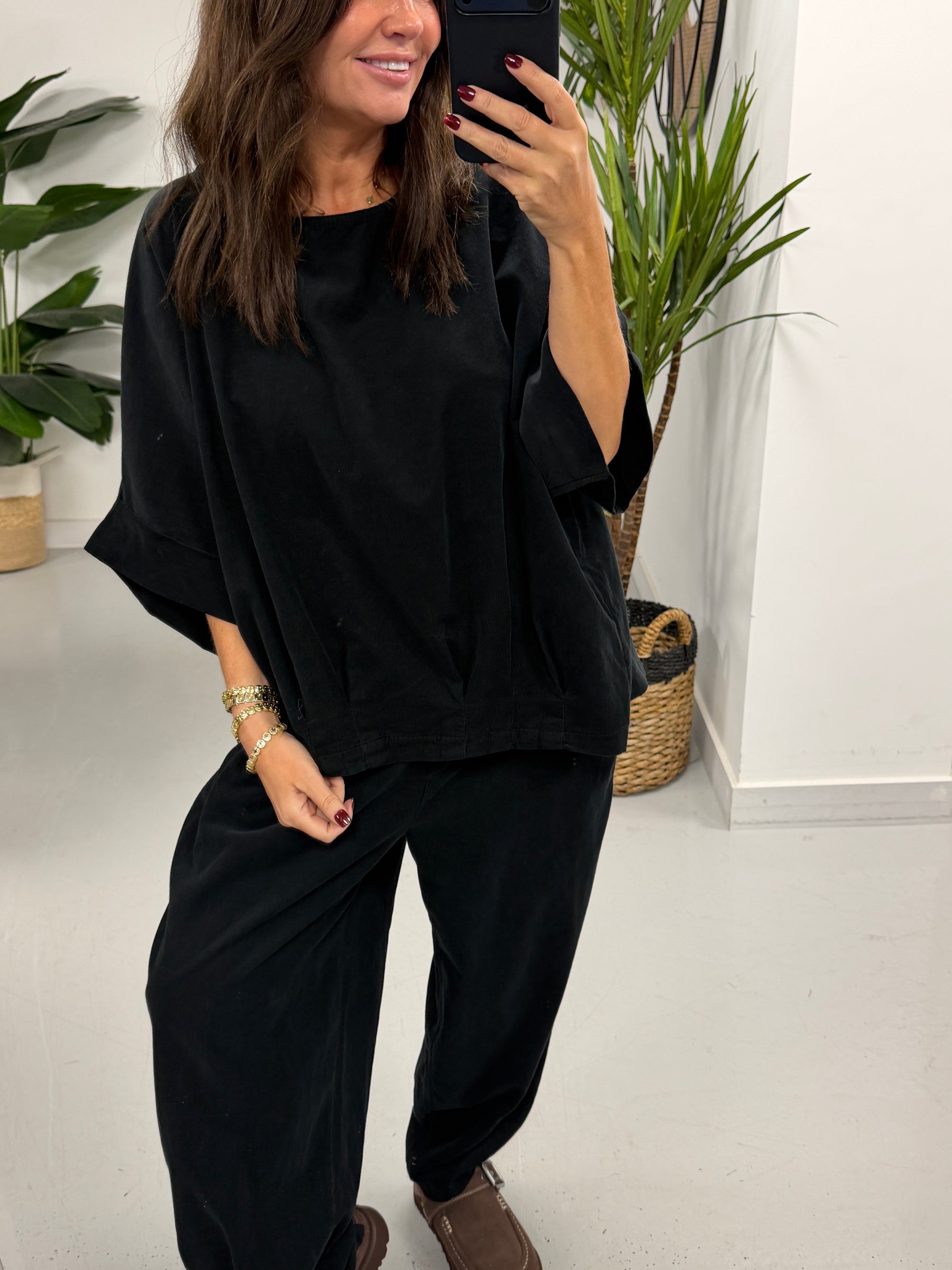 The Needlecord Crop Sleeve Tunic- Black (Size 10-16)