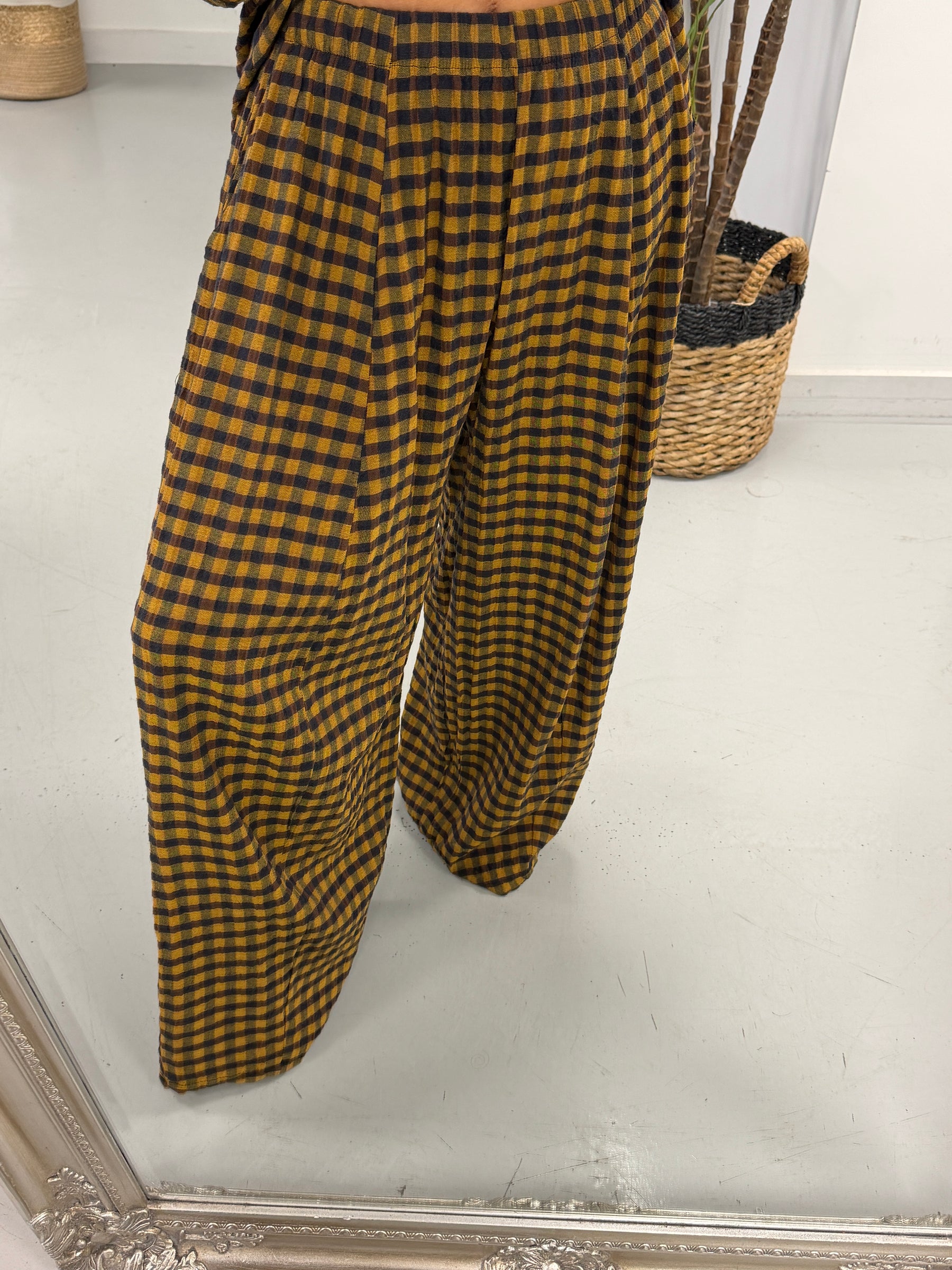 The Autumn Check Barrel Trousers - Mustard/Choc/Navy
