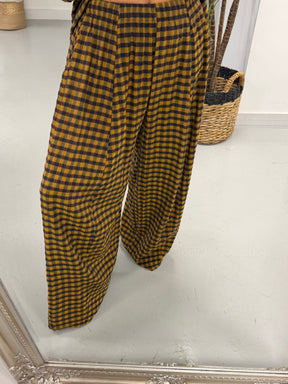 The Autumn Check Barrel Trousers - Mustard/Choc/Navy