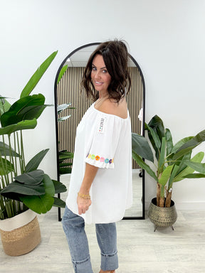 Daisy Sleeve Bardot Top - White