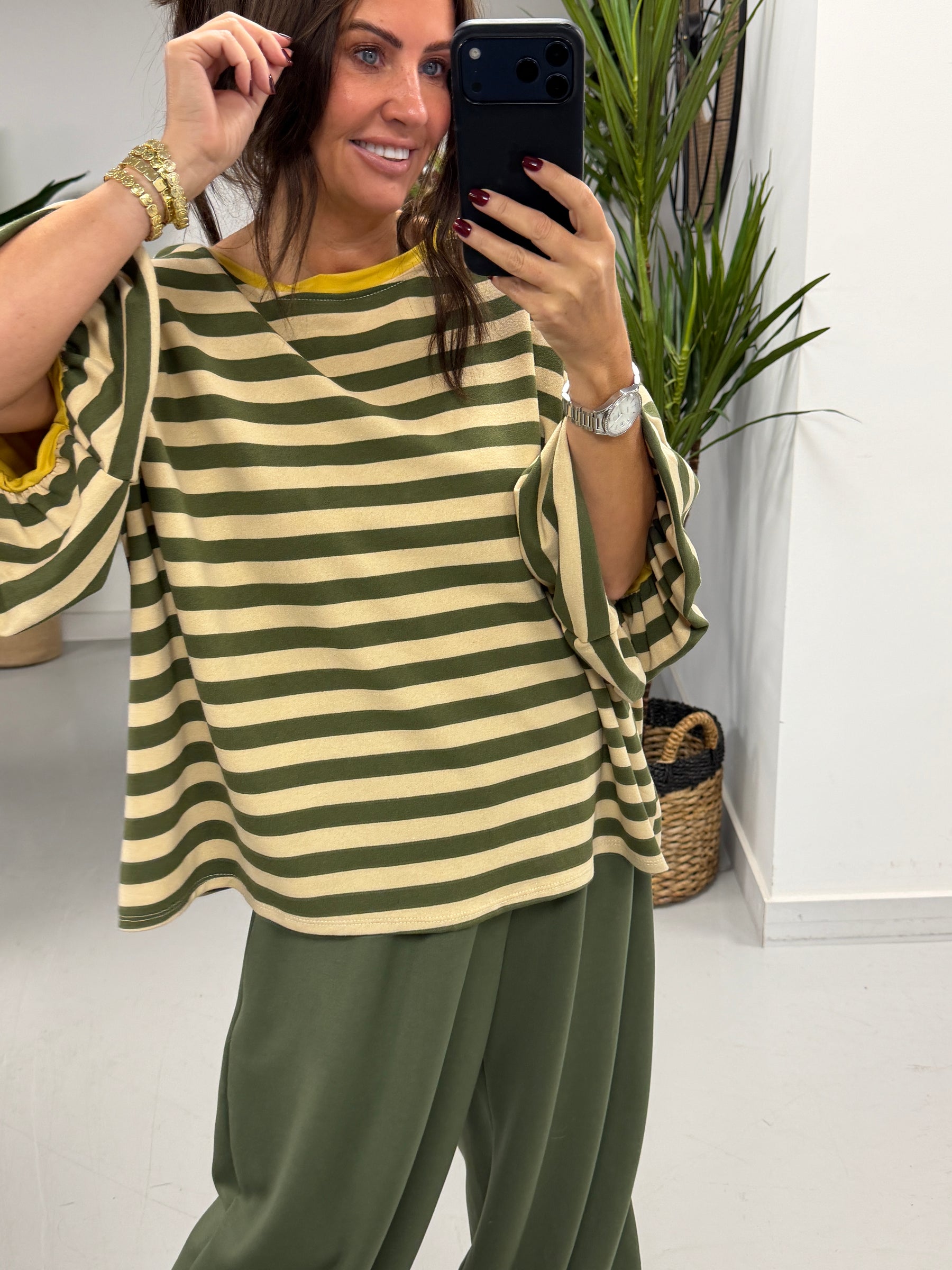 Sunset Stripe Puff Sleeve -Khaki  (Size 12-18)