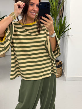 Sunset Stripe Puff Sleeve -Khaki  (Size 12-18)