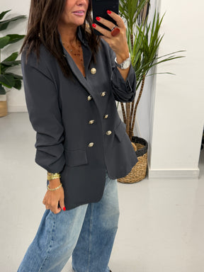 Military Ruched Sleeve Blazer - Charcoal