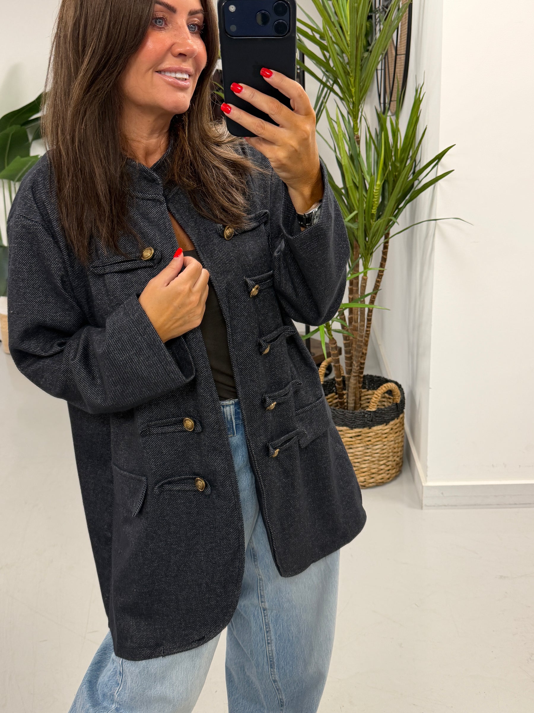 The Long Line Herringbone Style  Military Jacket - Denim Blue