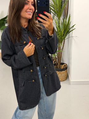 The Long Line Herringbone Style  Military Jacket - Denim Blue
